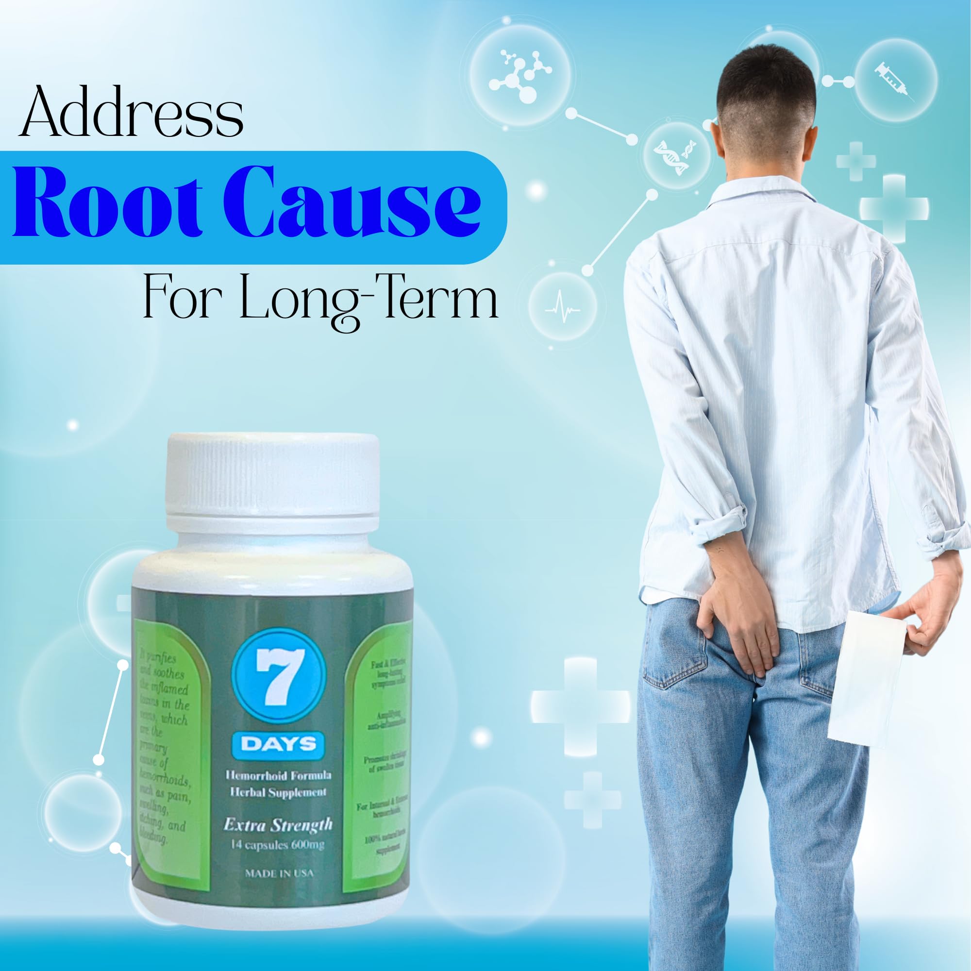 Daily-use scene with 861 Herbs 7 Days Hemorrhoid Supplement on a table.