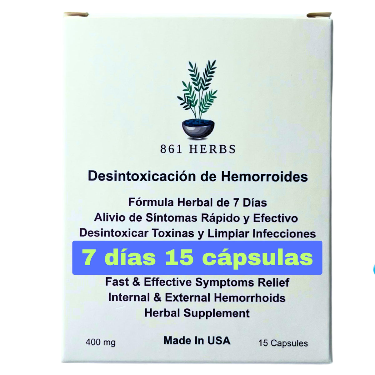 861 HERBS HemorrDetox bottle and capsules for natural hemorrhoid support