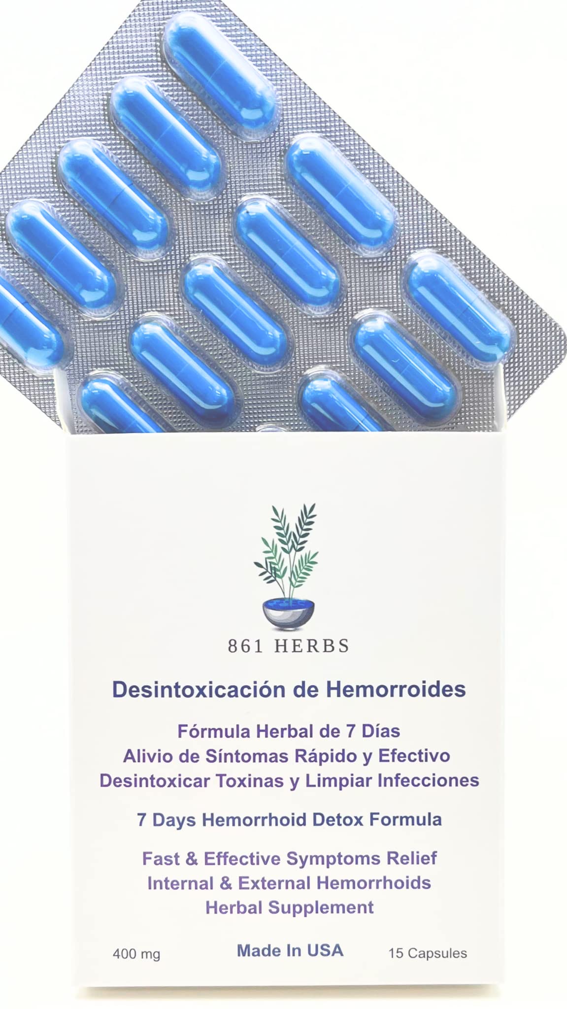 Close-up of HemorrDetox capsules showing herbal blend for symptom relief