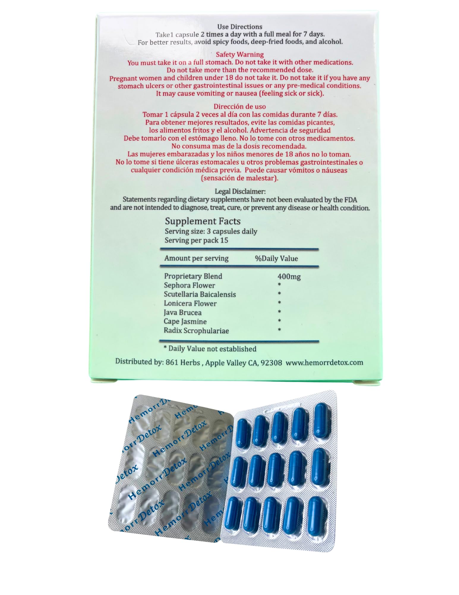 Label close-up of HemorrDetox with usage guidance
