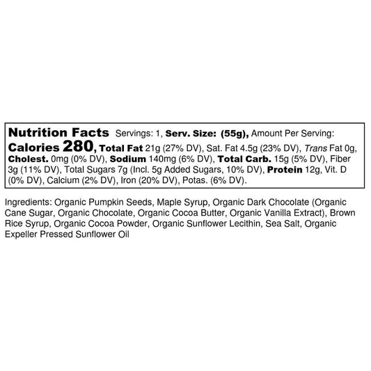 88 Acres dark chocolate brownie seed protein bar close-up with pumpkin seeds, showing wholesome ingredients.