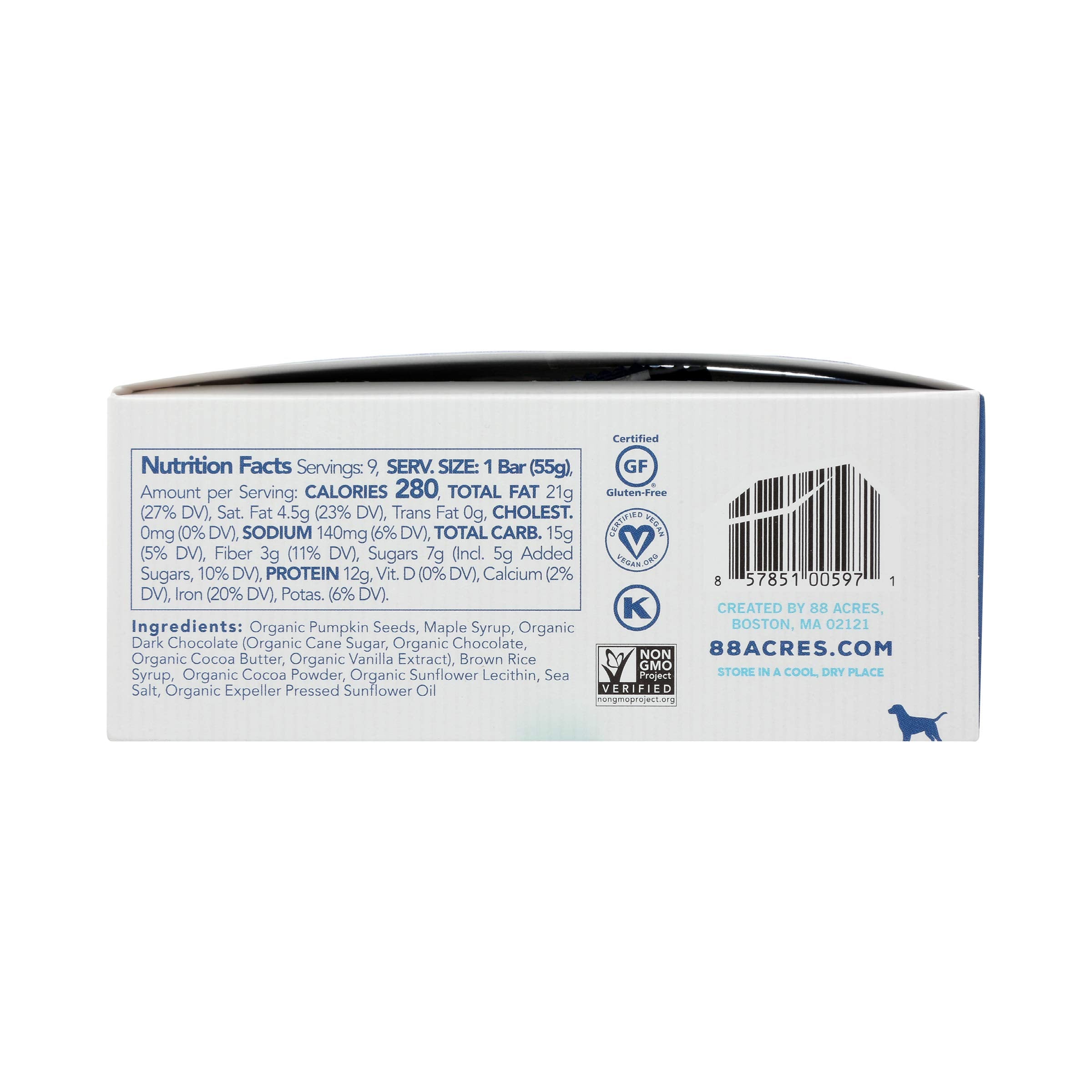 88 Acres dark chocolate brownie seed protein bar on-the-go sitting in a lunchbox, ideal for busy days.