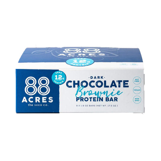 88 Acres dark chocolate brownie seed protein bar, pack shot, convenient on-the-go snack.