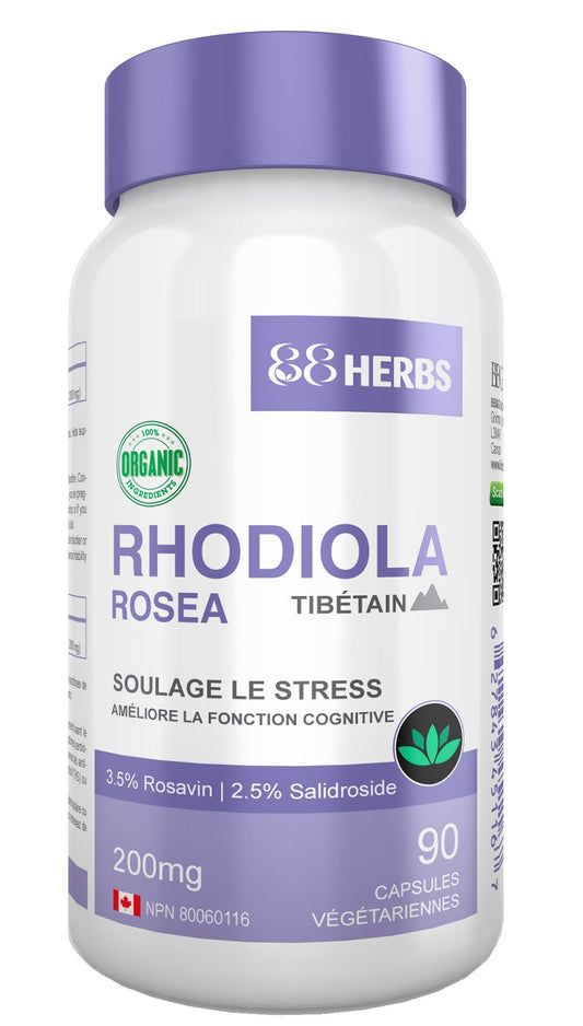 88herbs Rhodiola Rosea capsules close-up highlighting high potency adaptogen capsules