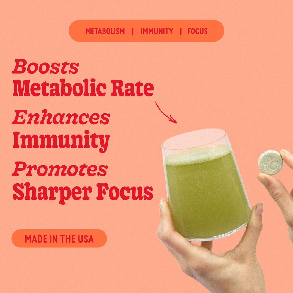 8Greens bottle dispensing tablets for on-the-go wellness.