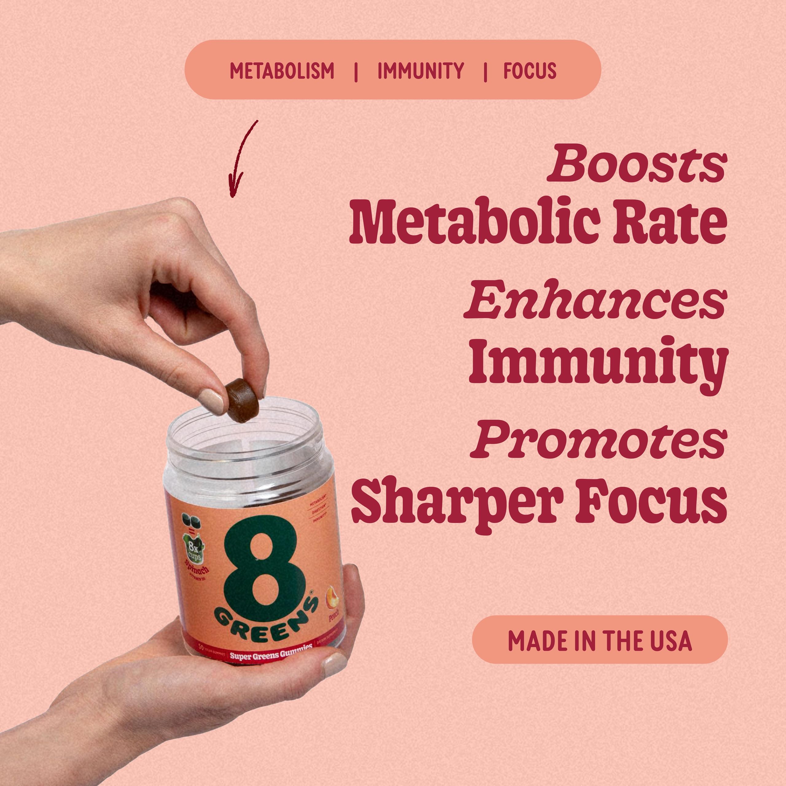 8Greens peach-flavored gummies close-up inviting a tasty greens routine