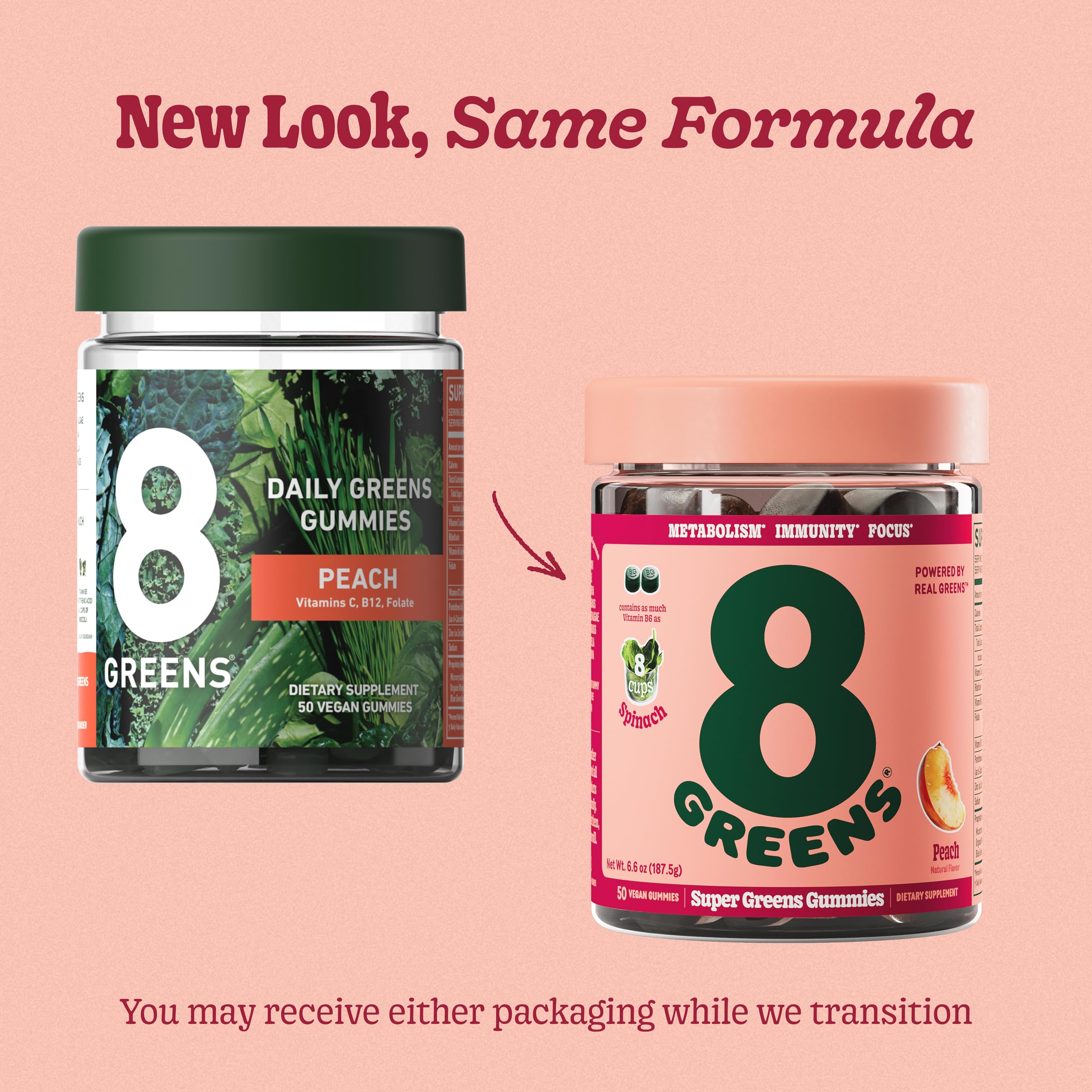 8Greens Peach flavored gummies pack offers convenient immunity and digestion support.