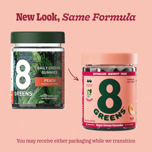 8Greens Peach flavored gummies pack offers convenient immunity and digestion support.