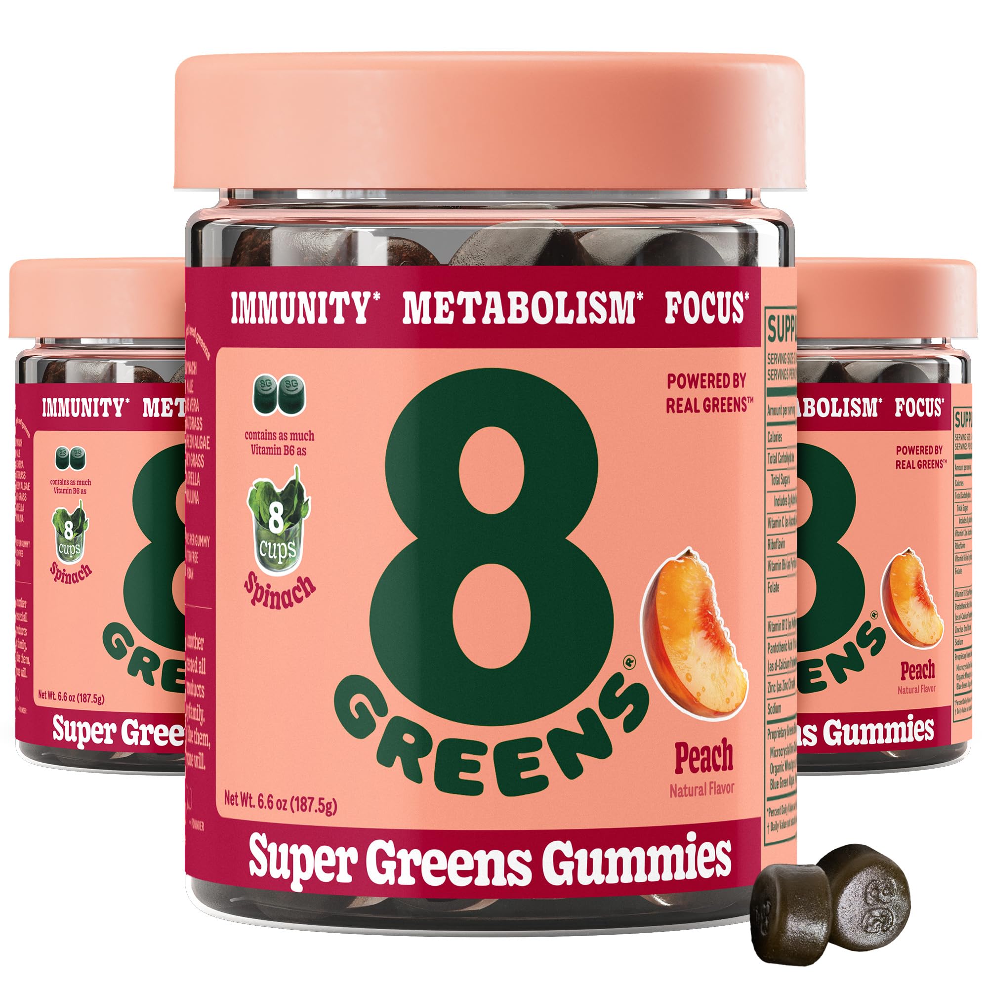 8Greens Supergreens Gummies pack hero showcases peach-flavored greens for daily wellness