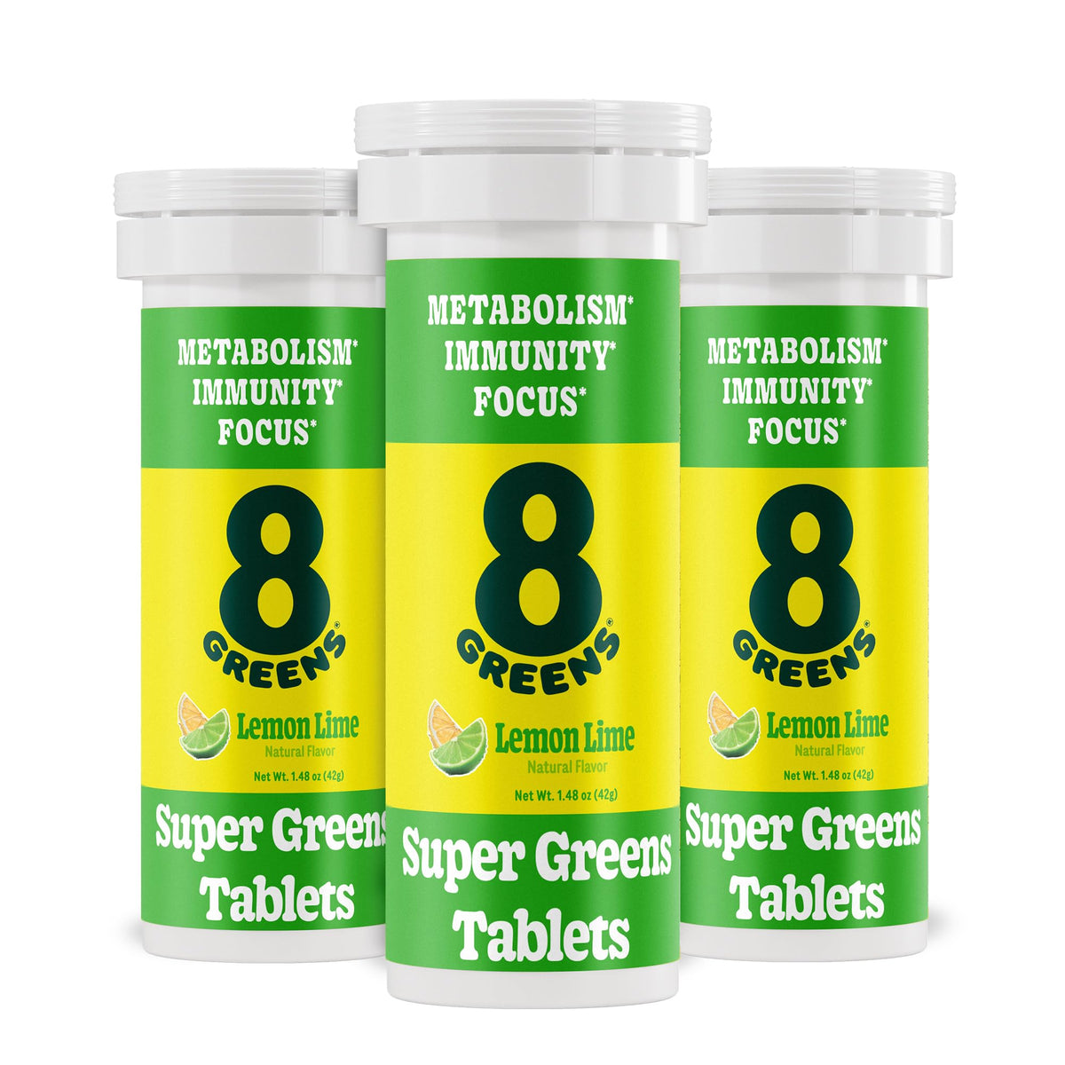8Greens Supergreens tablets bottle front view, convenient daily greens source.