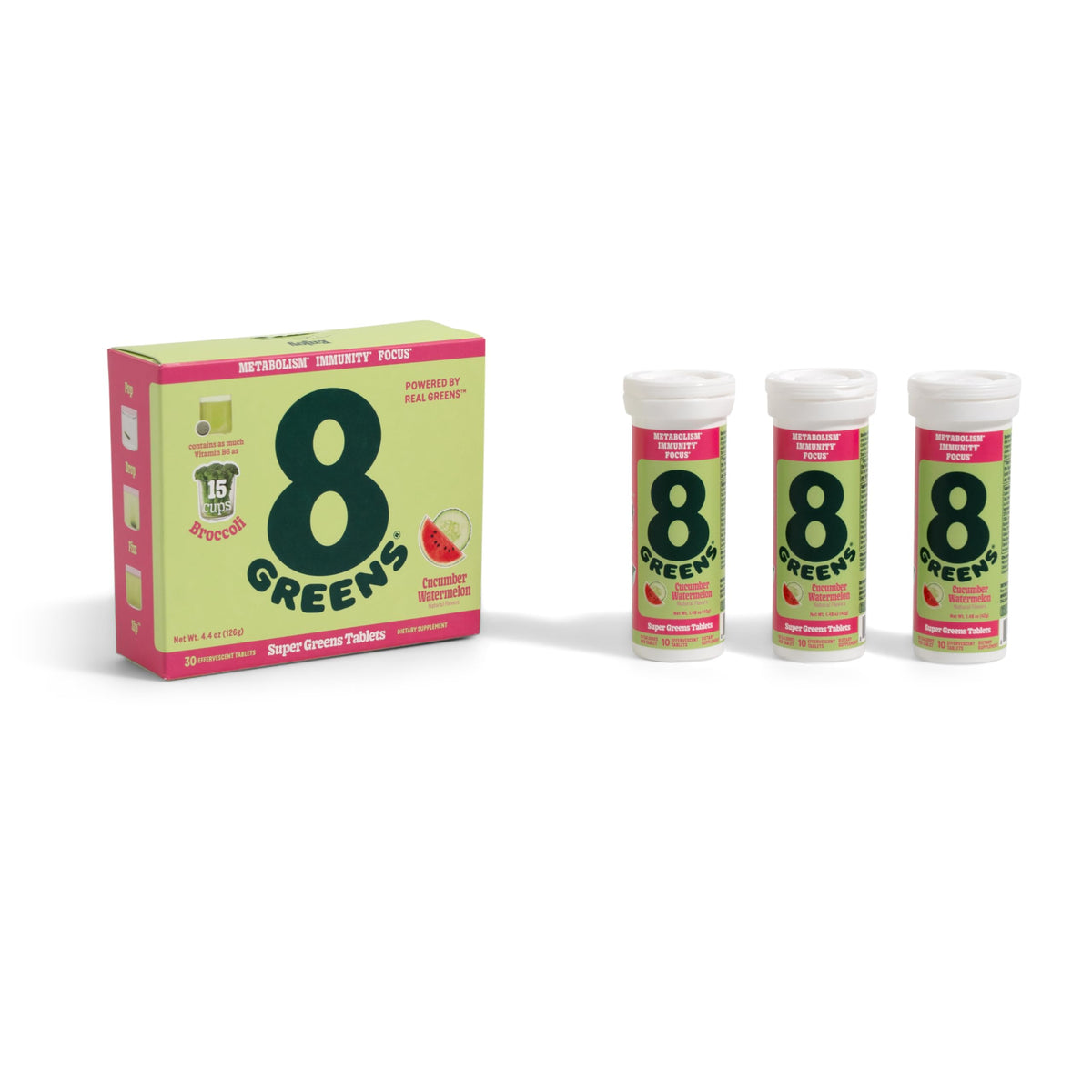 8Greens Supergreens bottle with fruity tablets for daily energy.