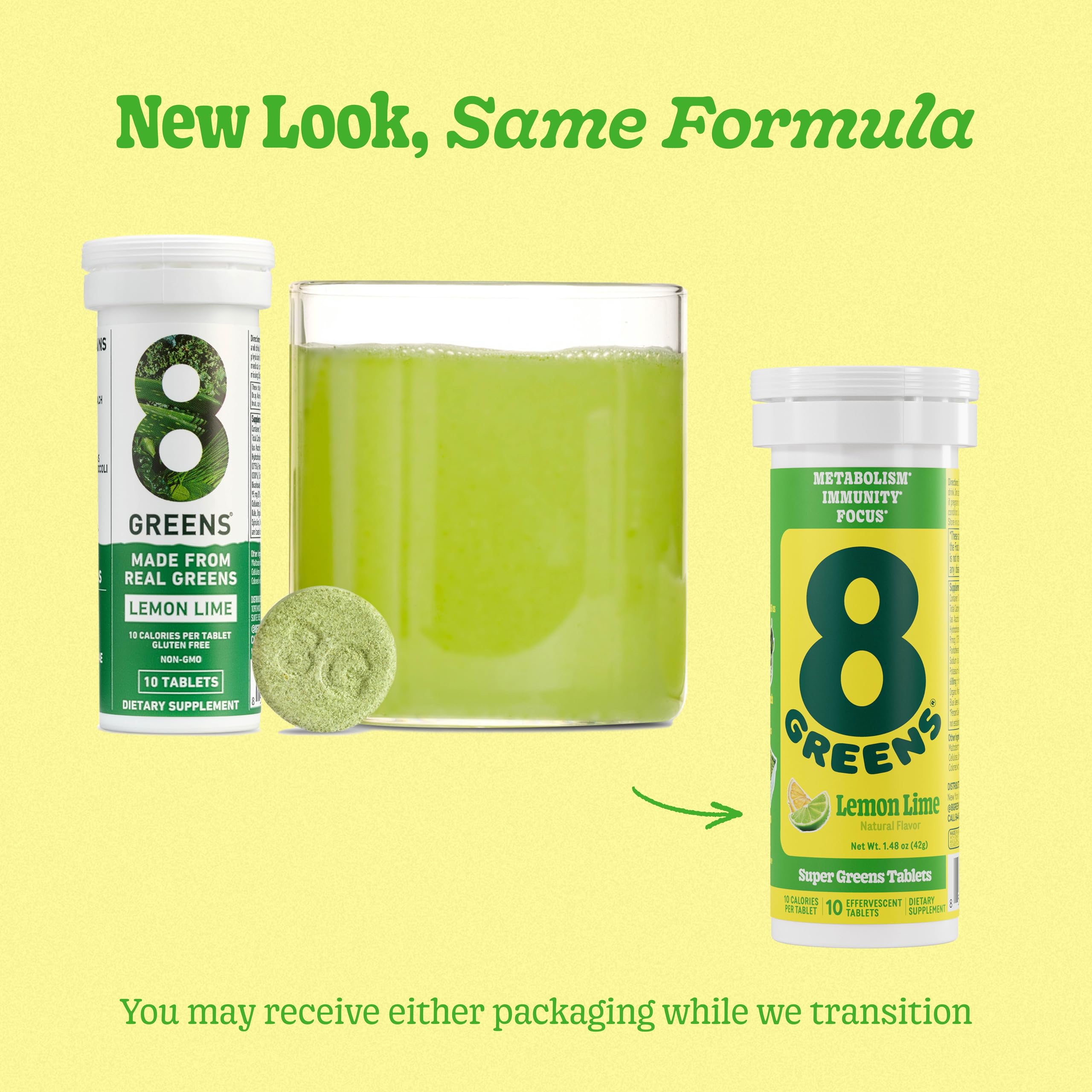 8Greens tablets on a kitchen scene with a glass of prepared drink.