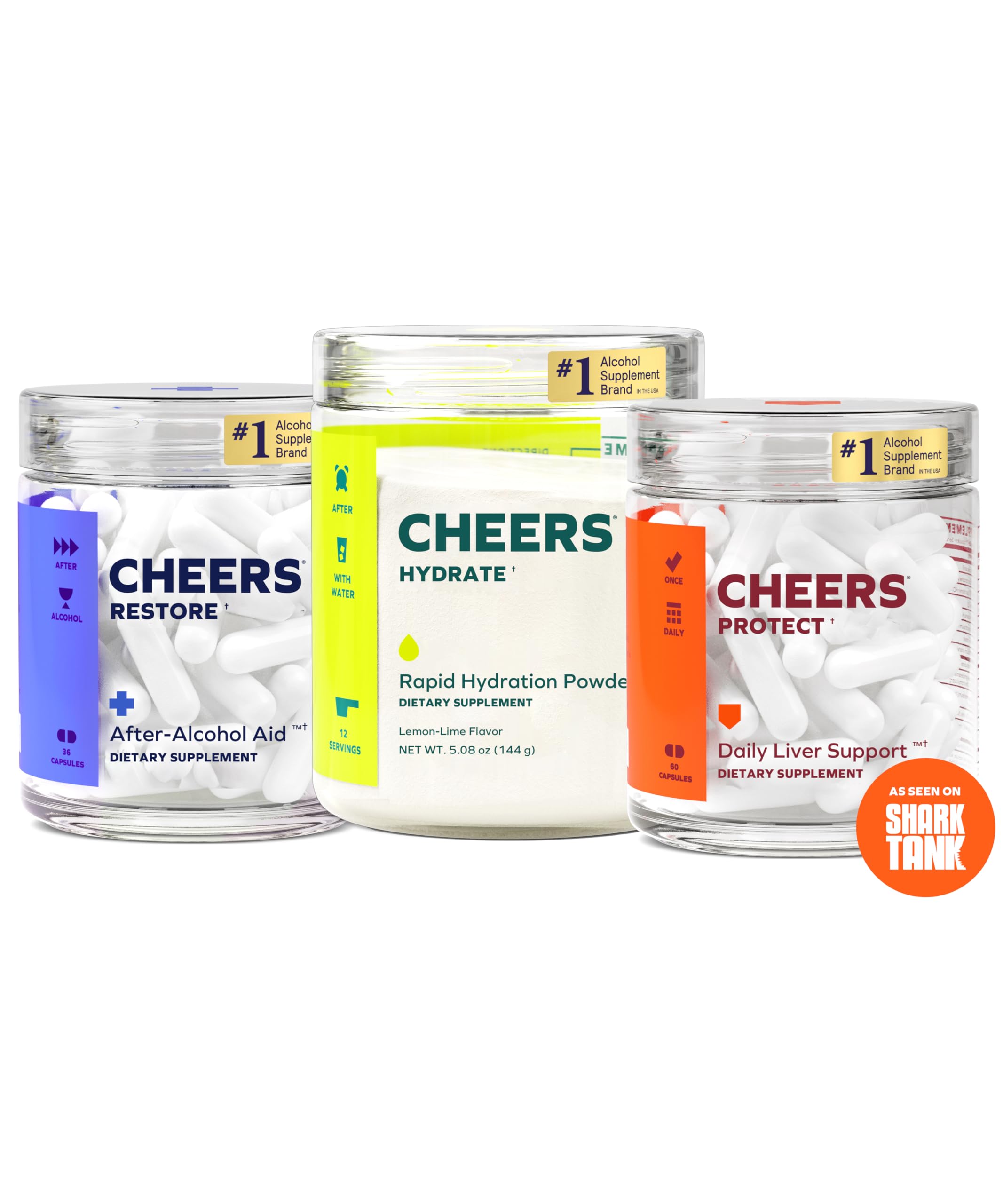 Cheers Restore bottle shown for post‑drinking liver support and easy dosing.
