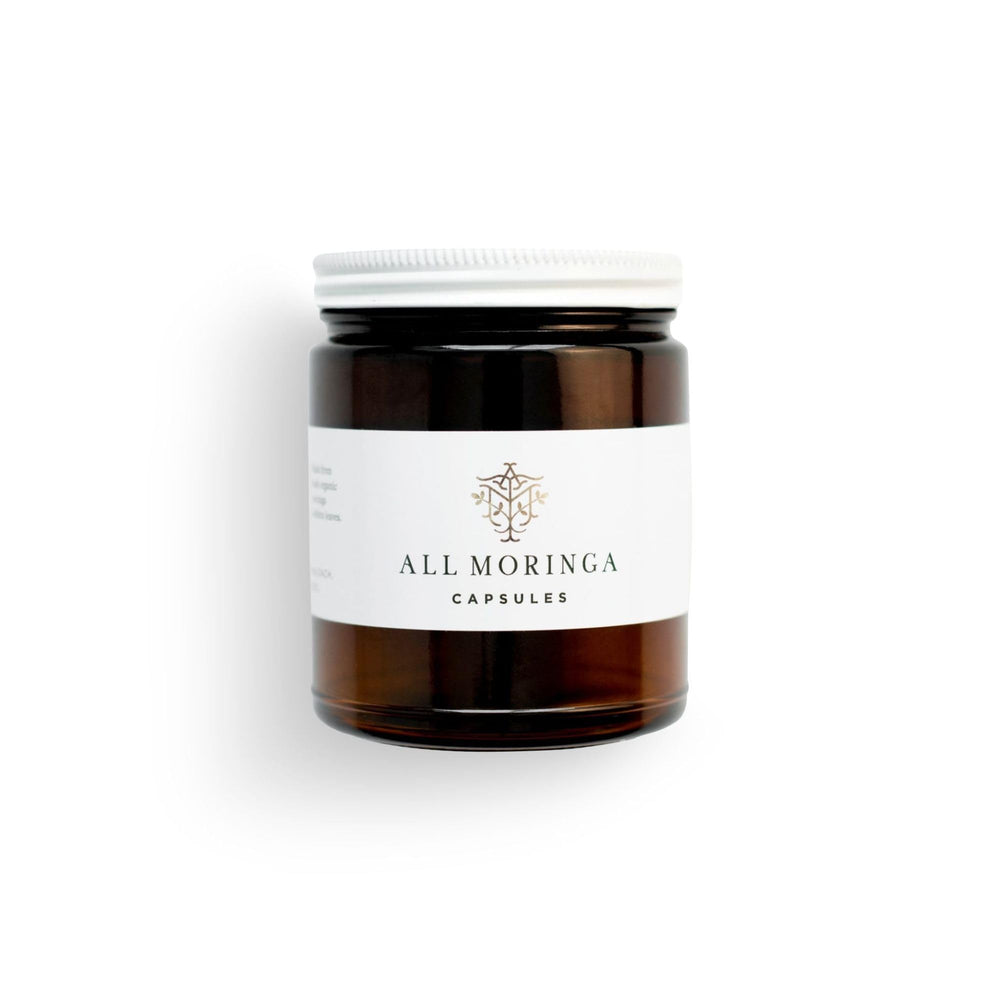 A M Premium Organic Moringa capsules bottle for convenient daily supplementation.