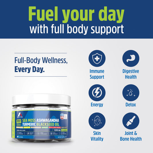 A1 Body Fuel Sea Moss Gummies bottle pour highlighting convenient daily wellness on the go.