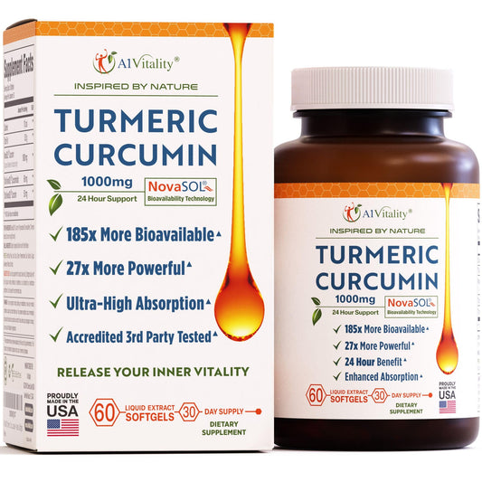 A1Vitality NovaSOL Turmeric bottle highlights 185x absorption for joint support.