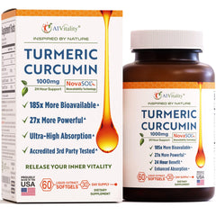 A1Vitality NovaSOL Turmeric bottle highlights 185x absorption for joint support.