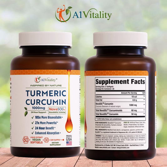 NovaSOL Turmeric softgels close-up showing smooth capsules for easy daily supplementation.