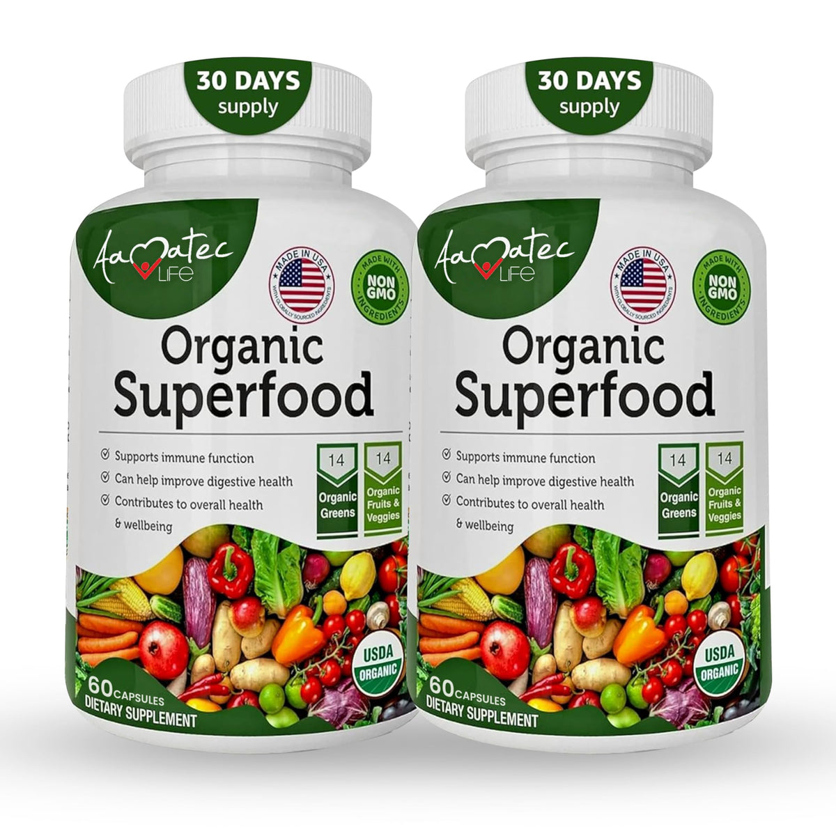 AAMATEC LIFE Organic Superfood Greens bottle for daily greens and vegetables