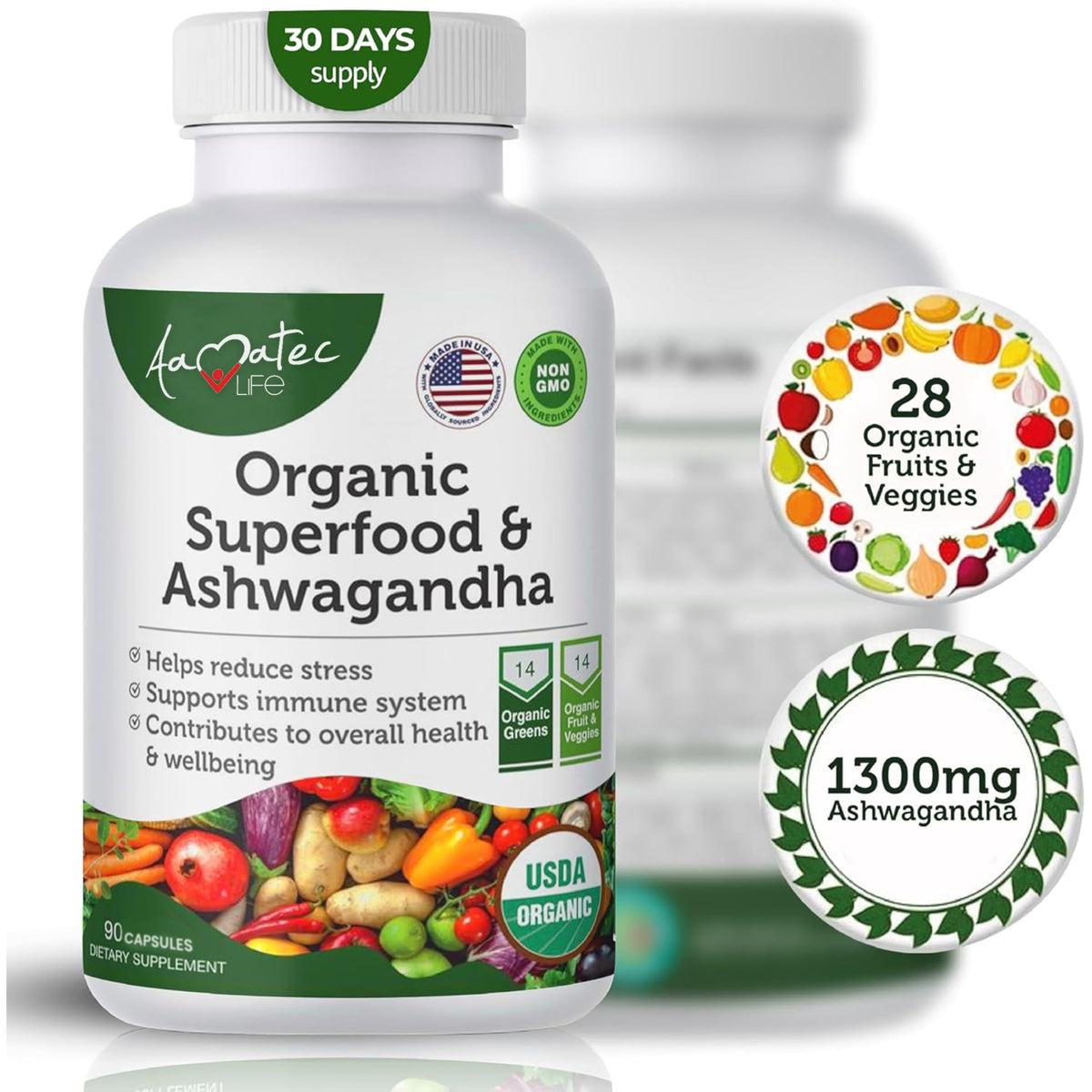 AAMATEC LIFE organic greens bottle showing the product label for daily nourishment