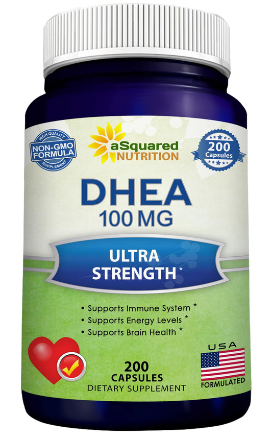 aSquared Nutrition DHEA 100mg bottle front highlighting daily vitality