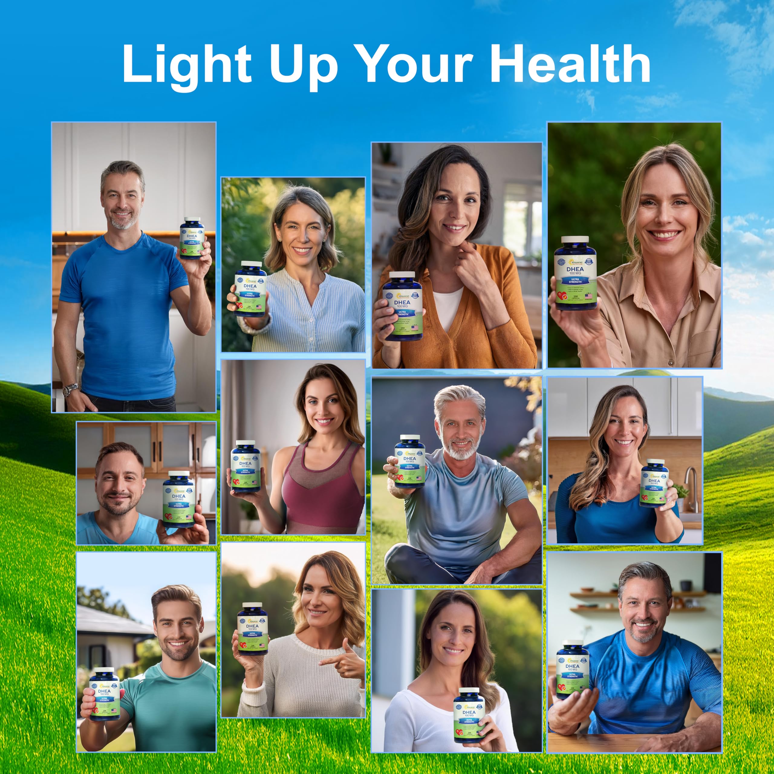 aSquared Nutrition DHEA bottle with water, suggesting easy daily use