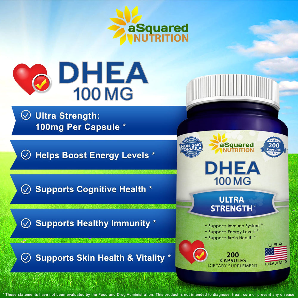 aSquared Nutrition DHEA label close-up indicating GMP quality and third-party testing