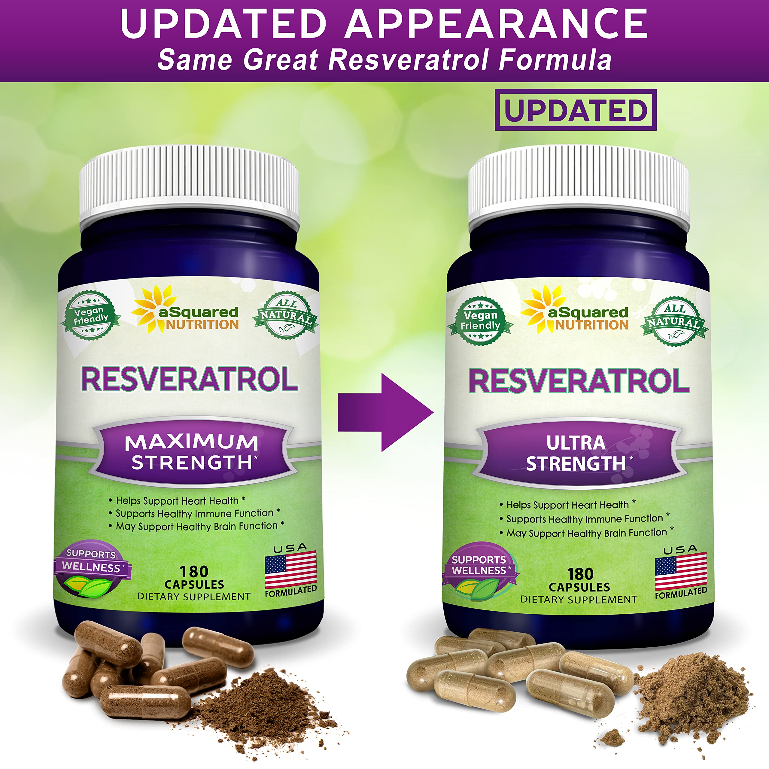 Bottle of aSquared Nutrition Resveratrol emphasizing 1000mg per serving claim.