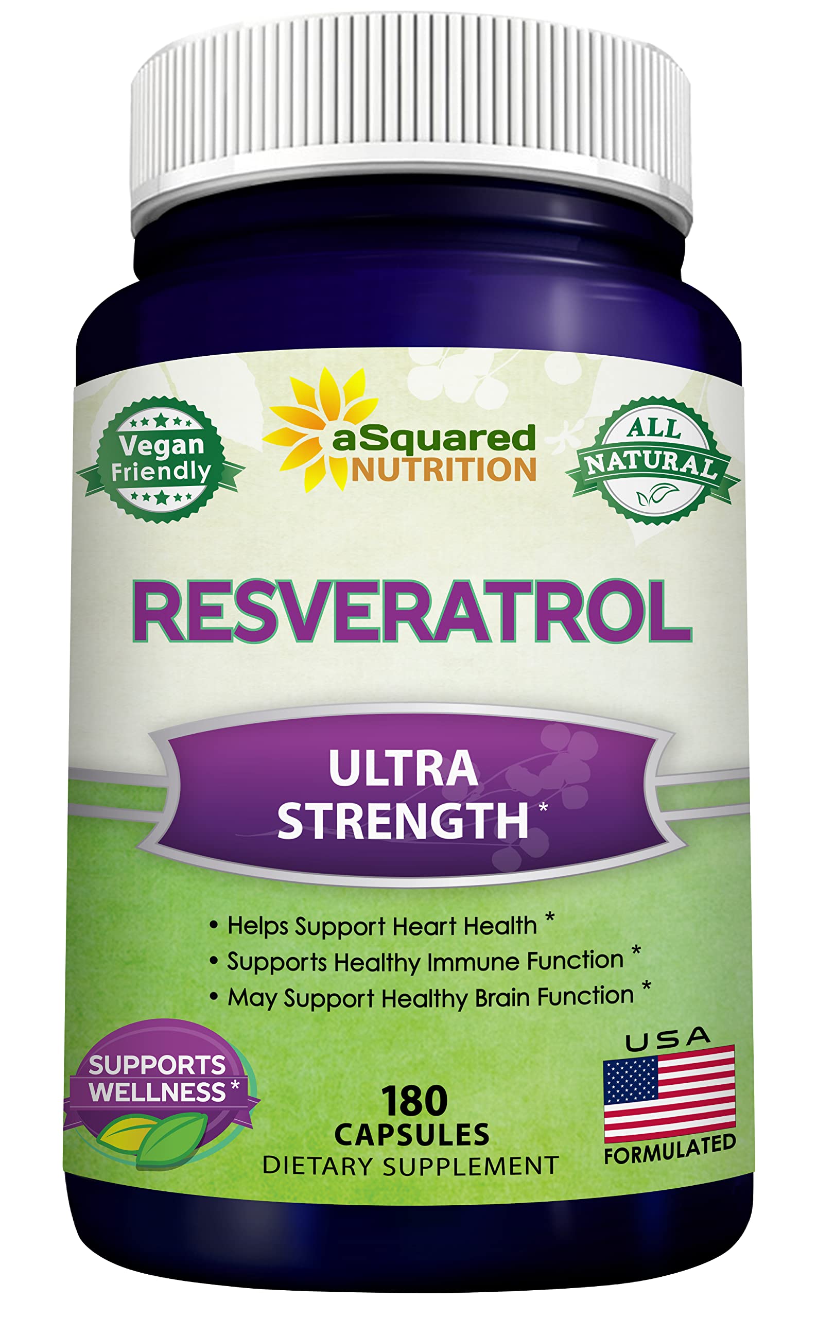 aSquared Nutrition Resveratrol bottle showing max strength 1000mg for daily antioxidant support.