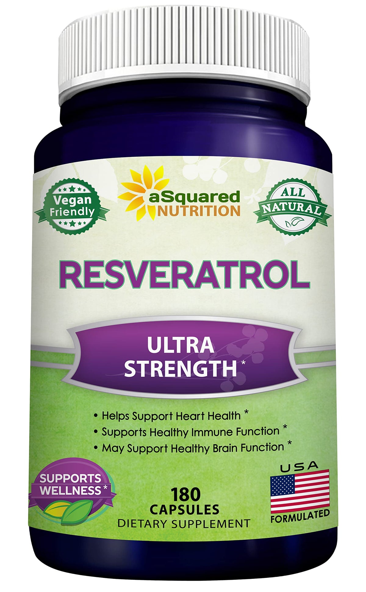 aSquared Nutrition Resveratrol bottle showing max strength 1000mg for daily antioxidant support.