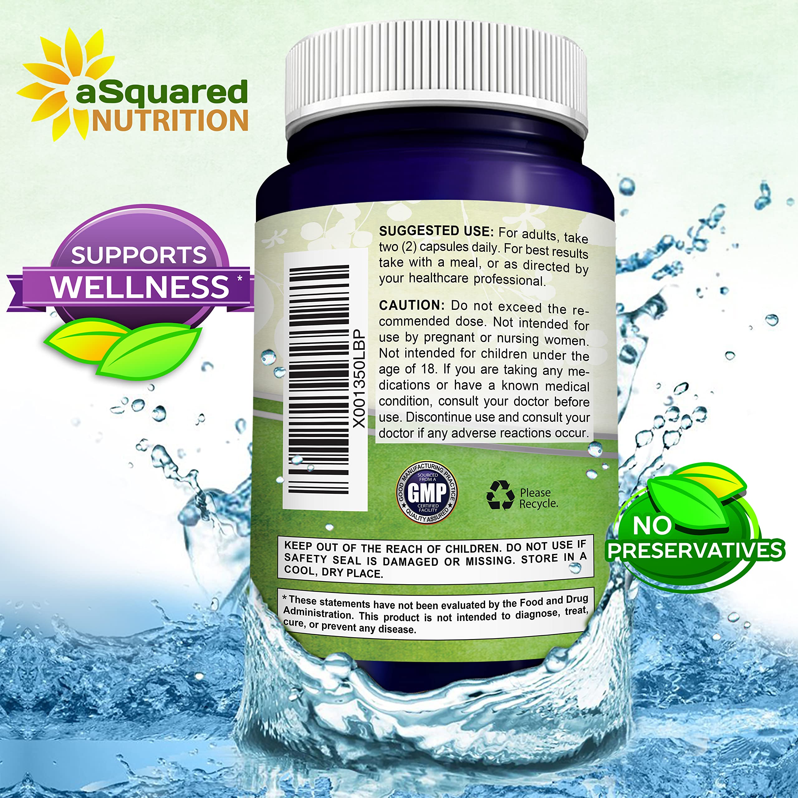 GMP compliant USA facility seal beside aSquared Nutrition Resveratrol packaging.