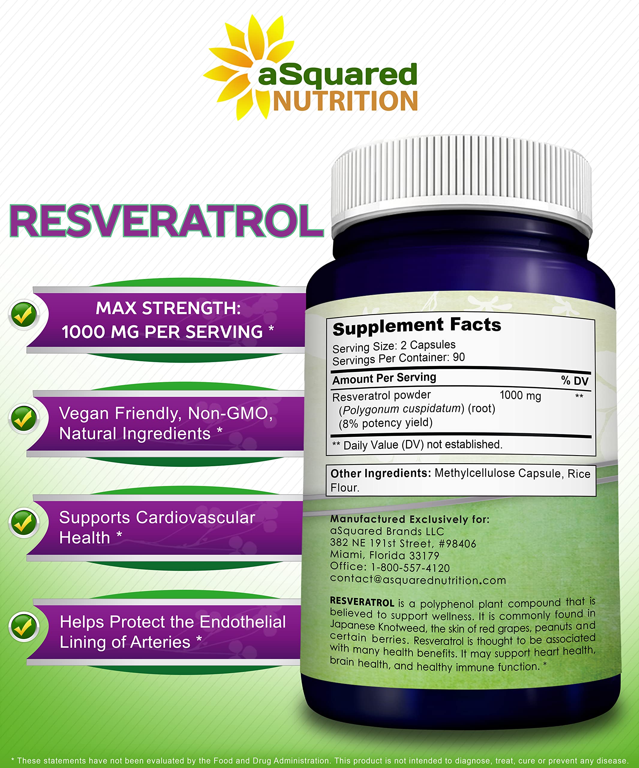 Vegan-friendly aSquared Nutrition Resveratrol formulation with no fillers.
