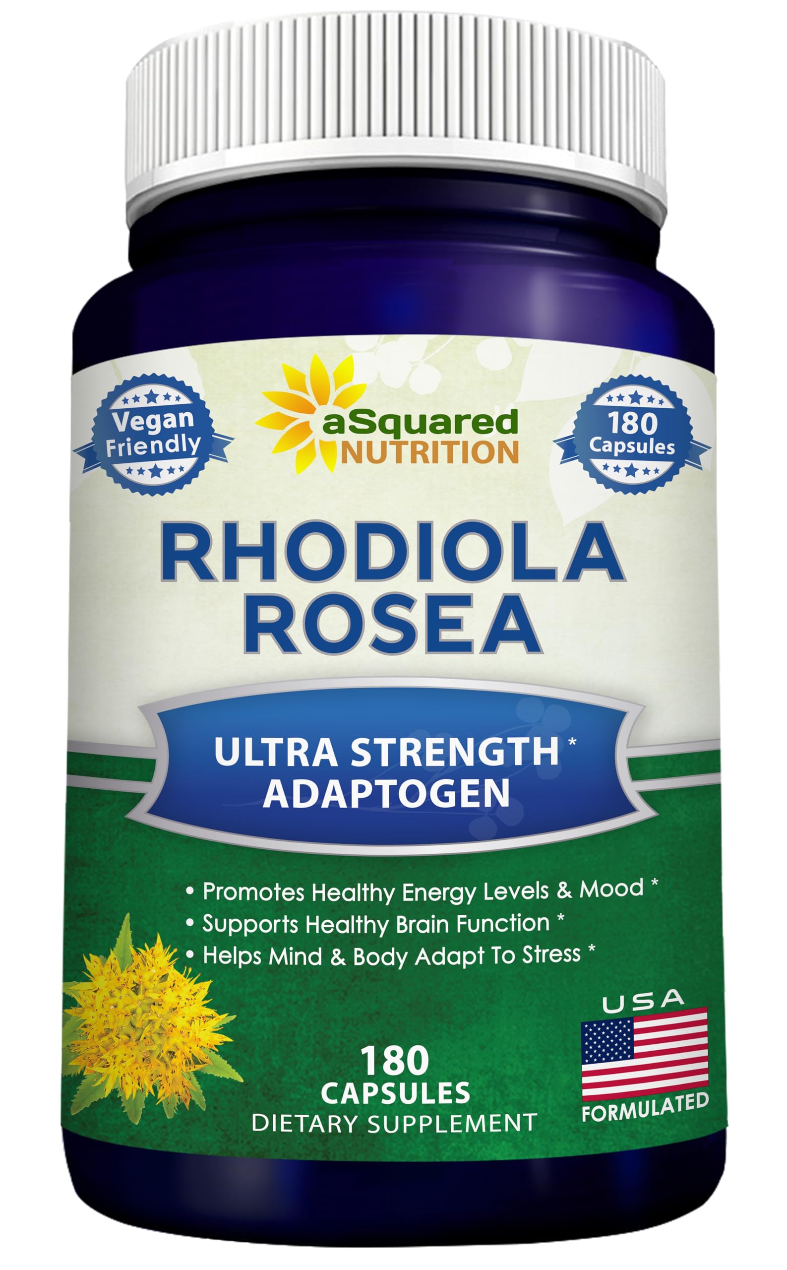 aasquared Nutrition Rhodiola Rosea bottle with 180 vegan capsules for daily energy.