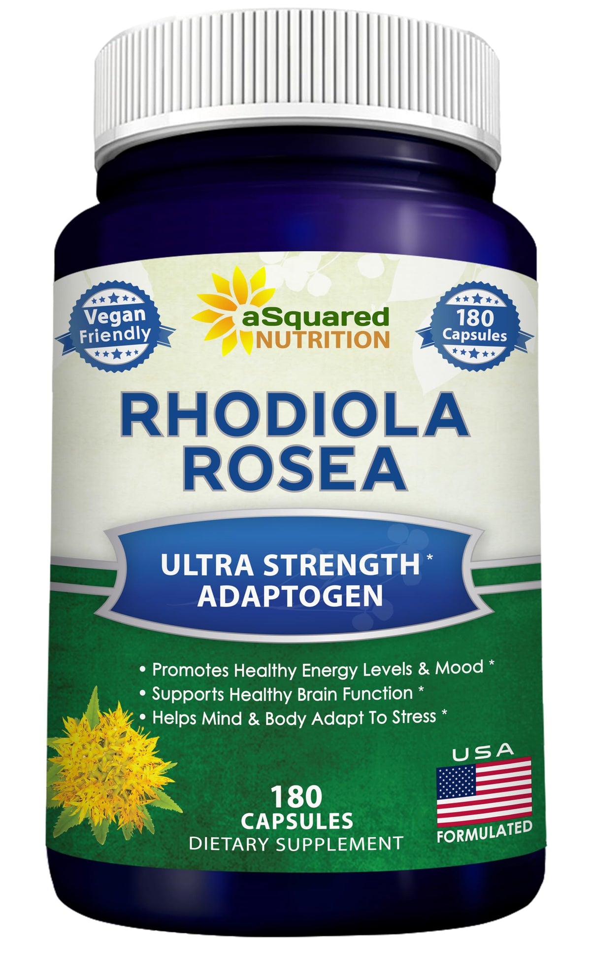 aasquared Nutrition Rhodiola Rosea bottle with 180 vegan capsules for daily energy.