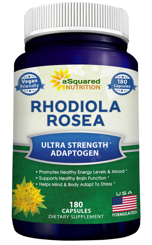 aasquared Nutrition Rhodiola Rosea bottle with 180 vegan capsules for daily energy.