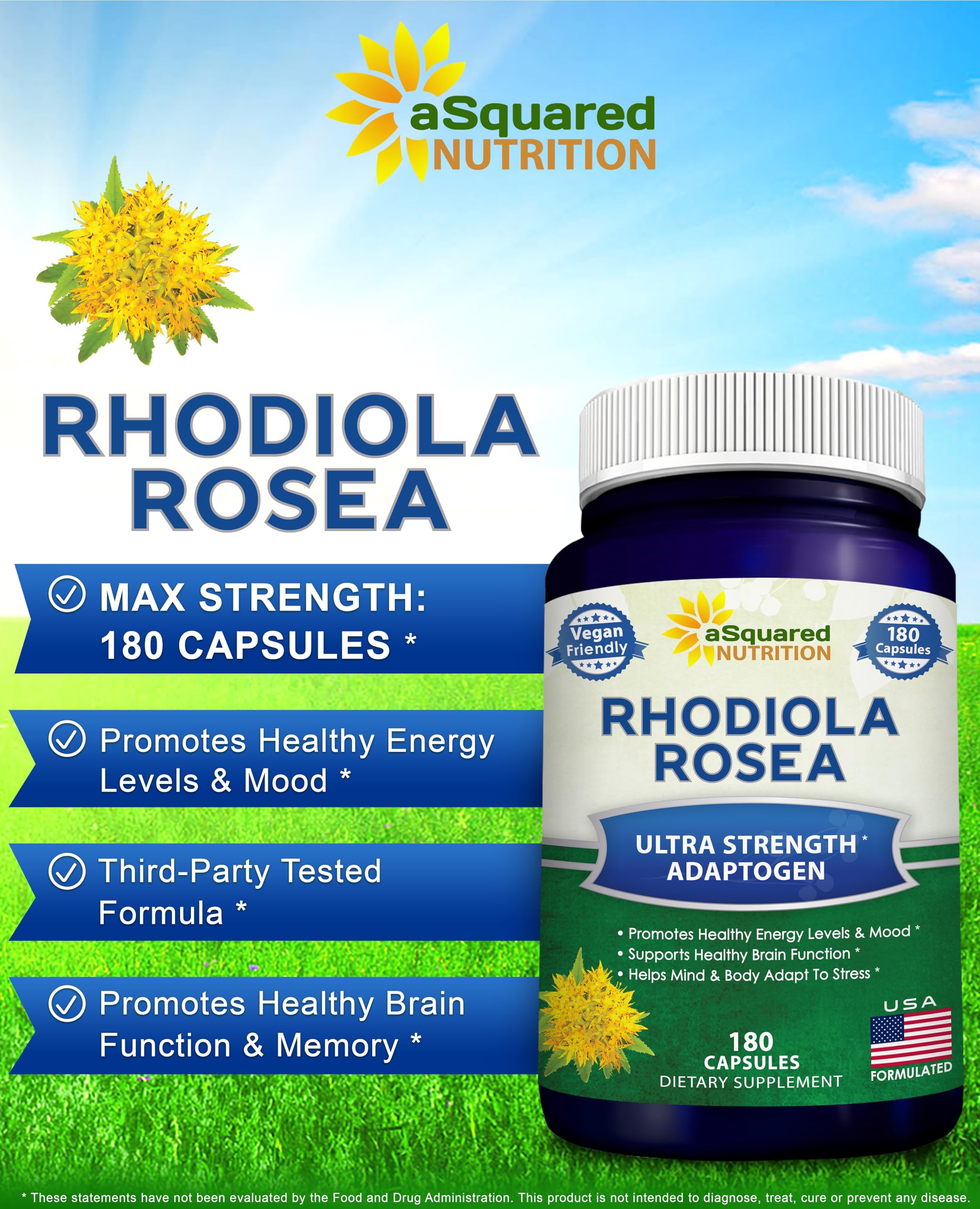 Label close-up of aasquared Rhodiola Rosea highlighting potency per serving.