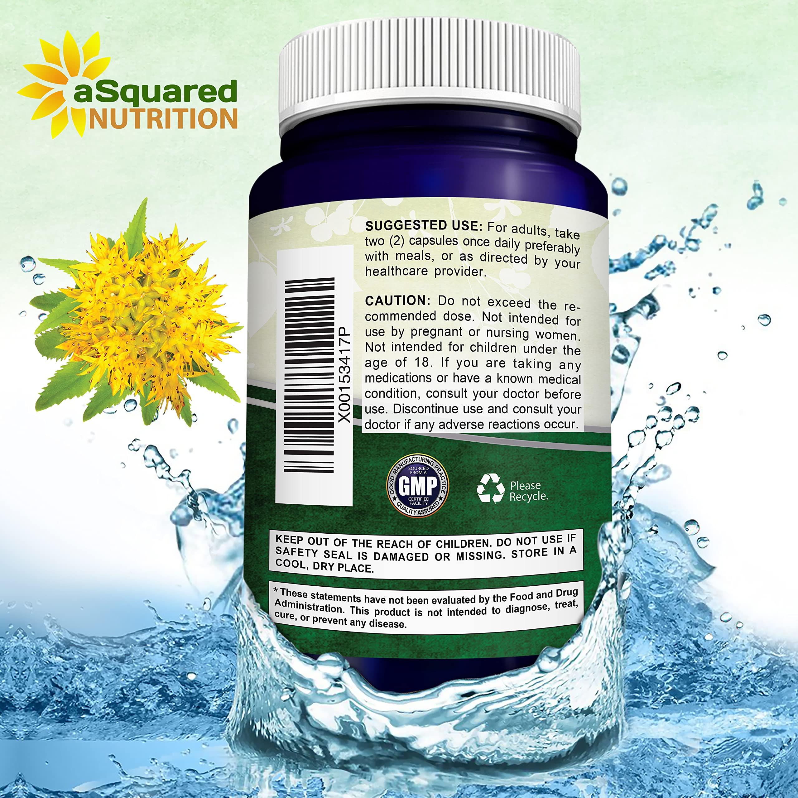 Nutrition facts panel for aasquared Rhodiola Rosea bottle.