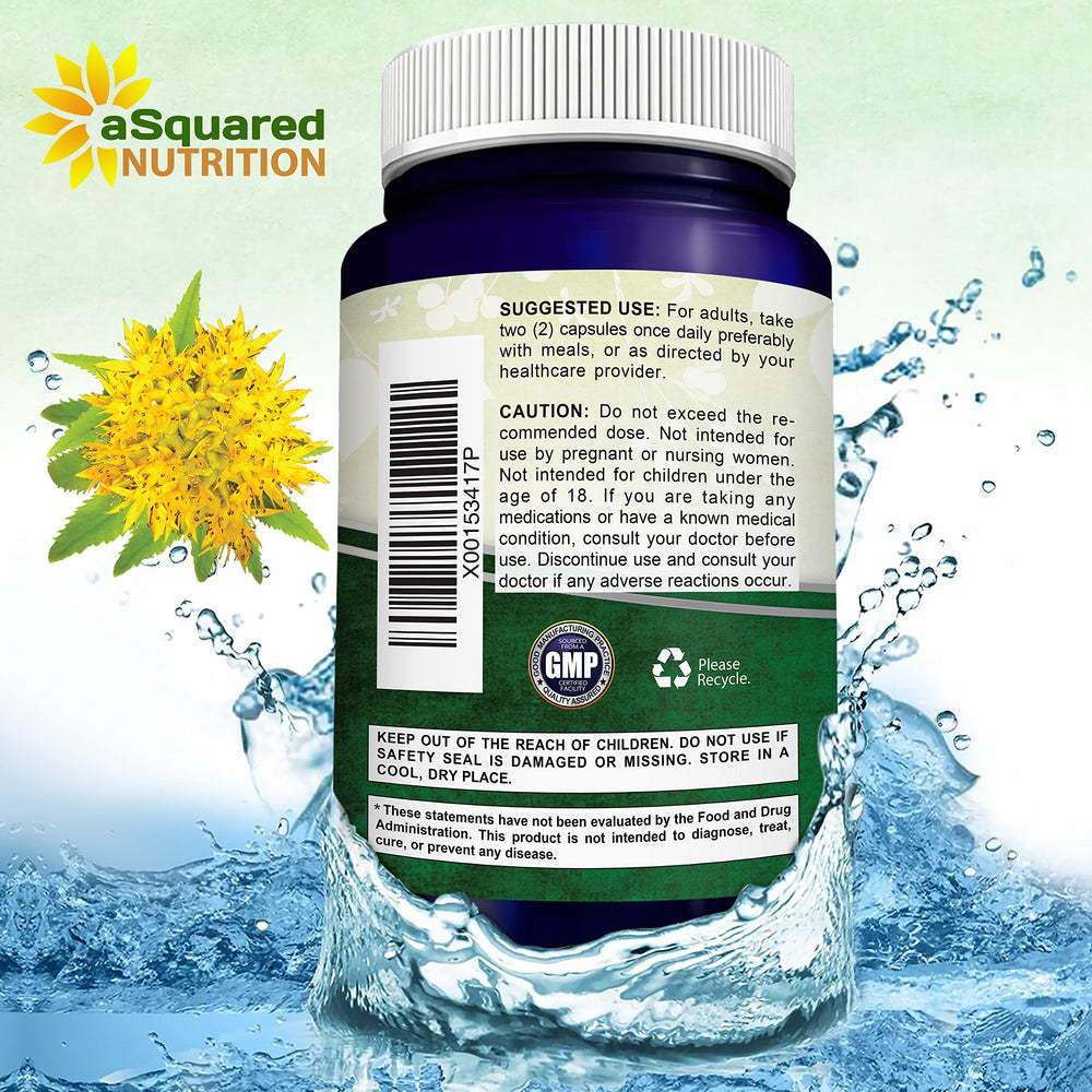 Nutrition facts panel for aasquared Rhodiola Rosea bottle.