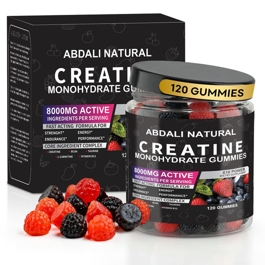 ABDALI NATURAL Creatine Gummies bottle offering 120 servings for convenient pre-workout support.