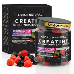 ABDALI NATURAL Creatine Gummies bottle offering 120 servings for convenient pre-workout support.