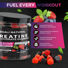 Close-up of ABDALI NATURAL Creatine Gummies label and vegan formula.