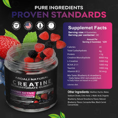 Vegan, sugar-free ABDALI NATURAL Creatine Gummies for clean energy during workouts.