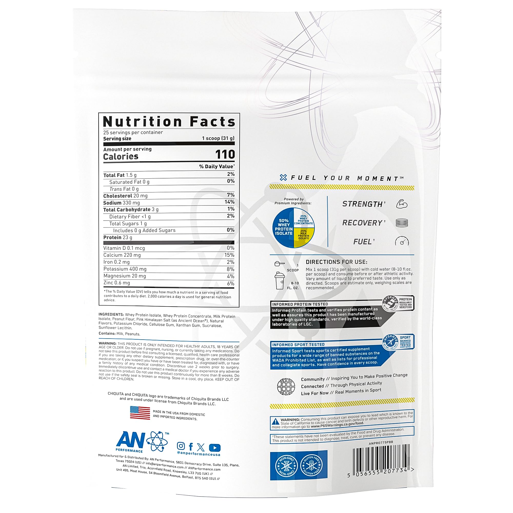 ABE All Black Everything AN Performance Whey shake glass showcasing Chiquita Banana Peanut Butter flavor