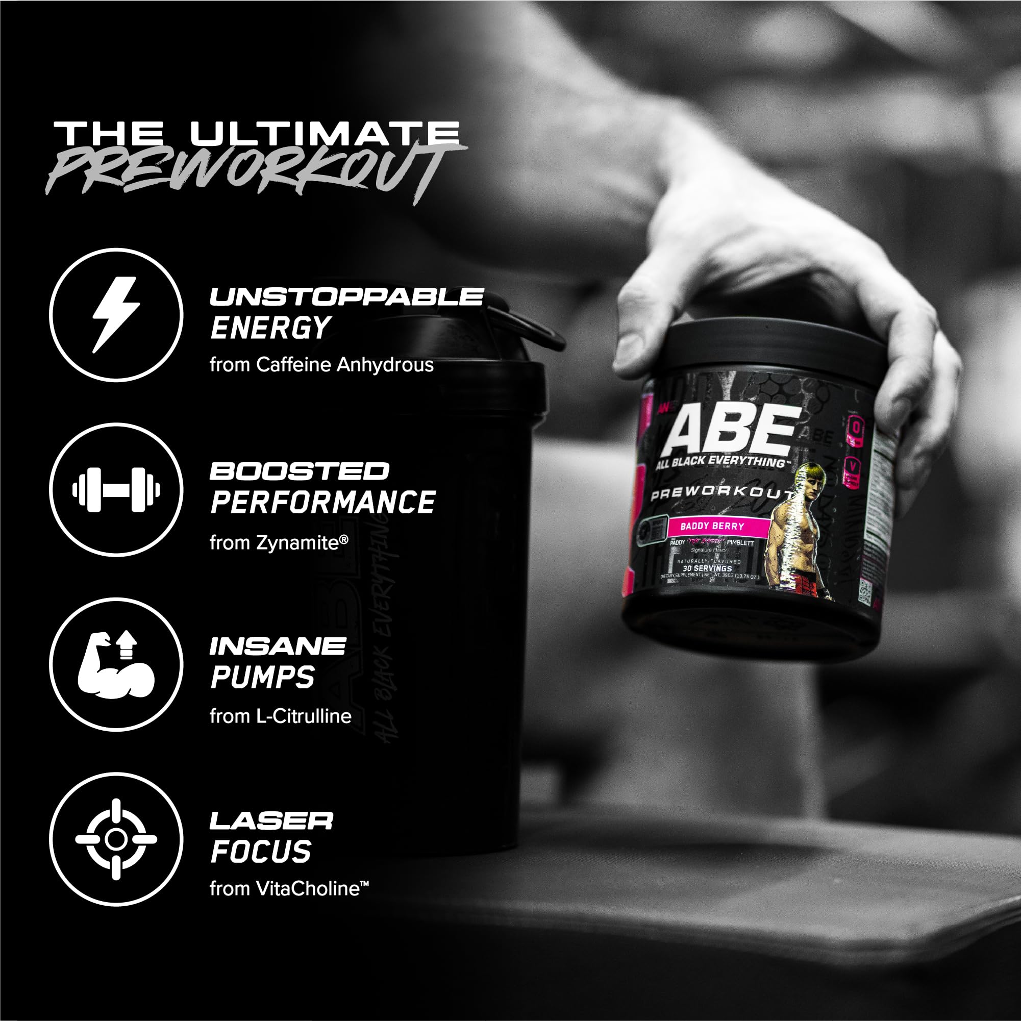ABE All Black Everything caffeine ingredient label for transparent formulation.