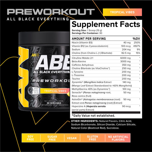 ABE All Black Everything powder tub back showing nutrition panel for informed energy support