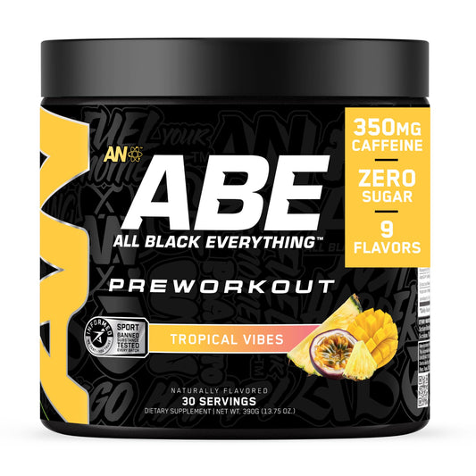 ABE All Black Everything powder tub front with bold branding for an energizing pre-workout ritual