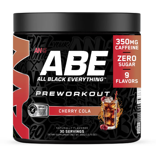 ABE All Black Everything preworkout cherry cola tub for energized training sessions.