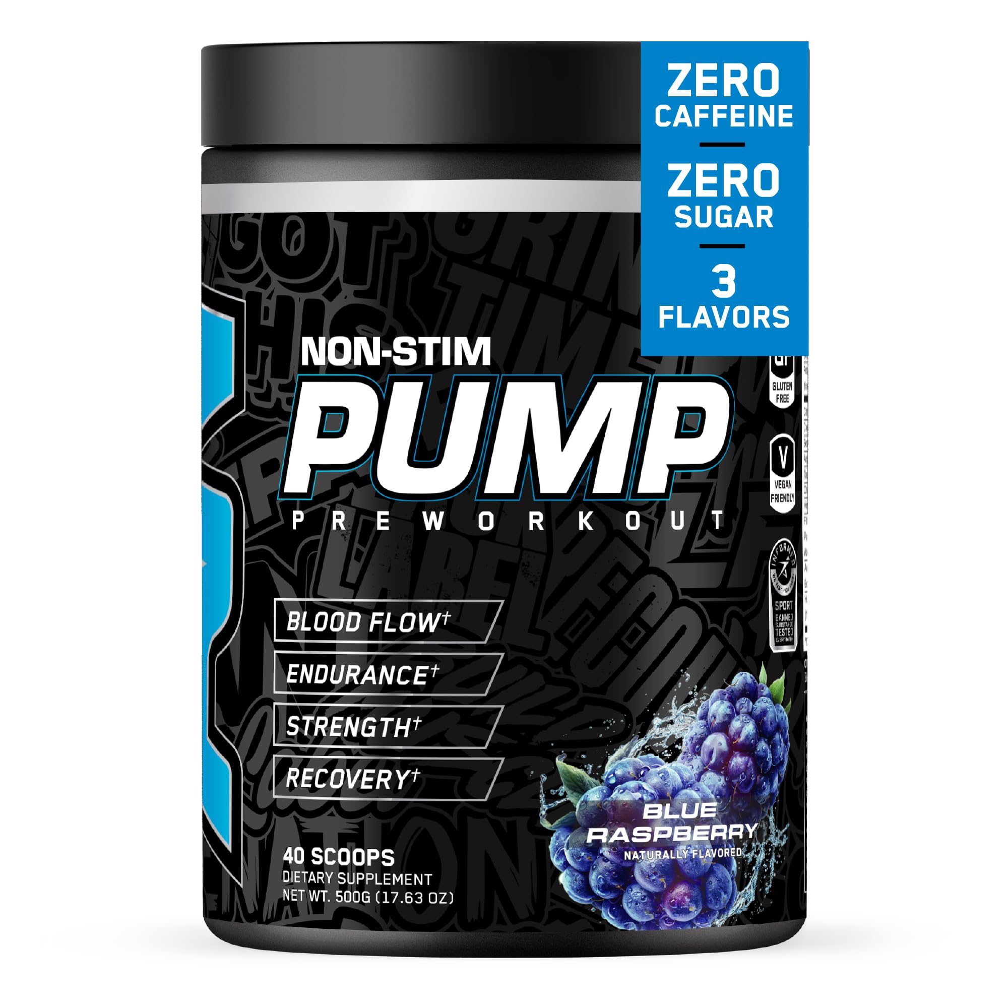 ABE Pump All Black Everything tub shows caffeine-free energy support for workouts.