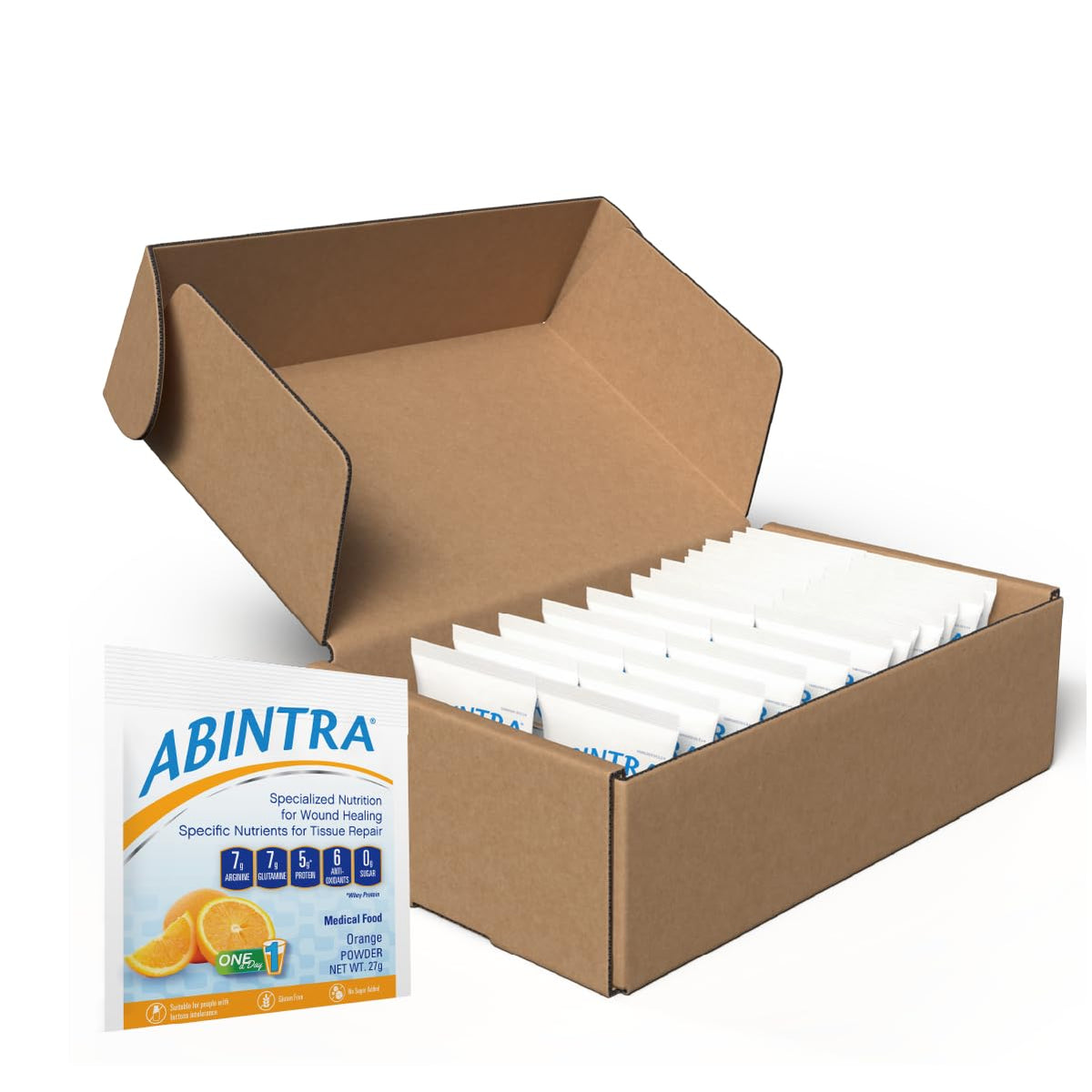 ABINTRA orange-flavor wound healing packet shown for daily tissue support