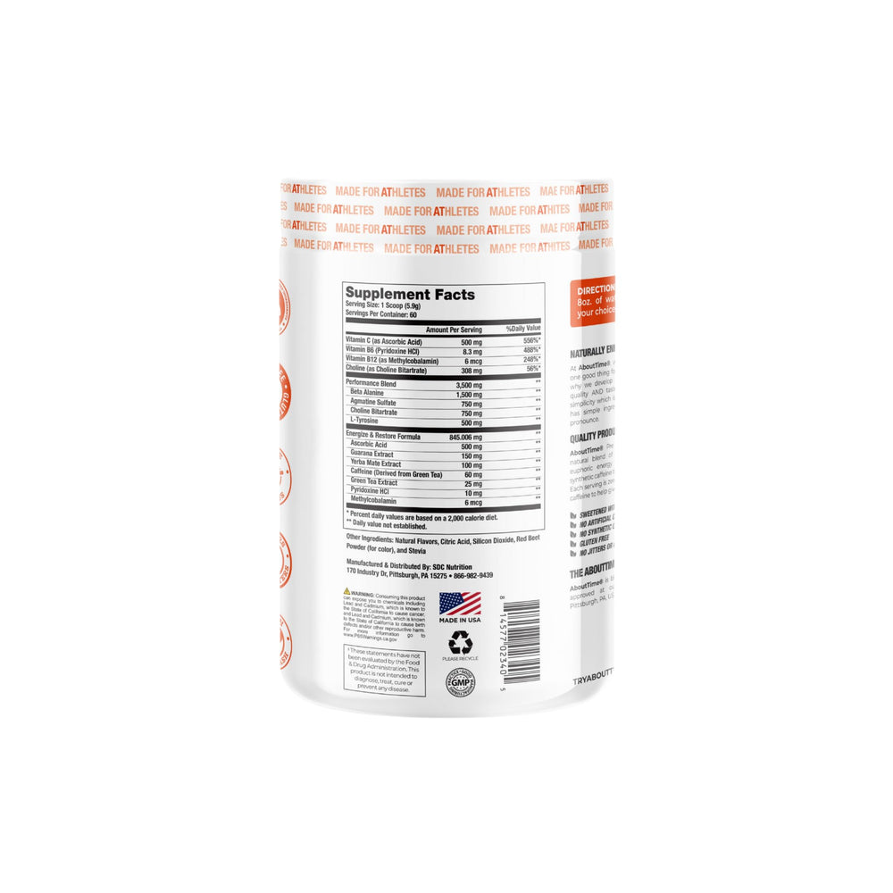About Time Pre Workout Watermelon powder scoop shows easy mixing and great taste